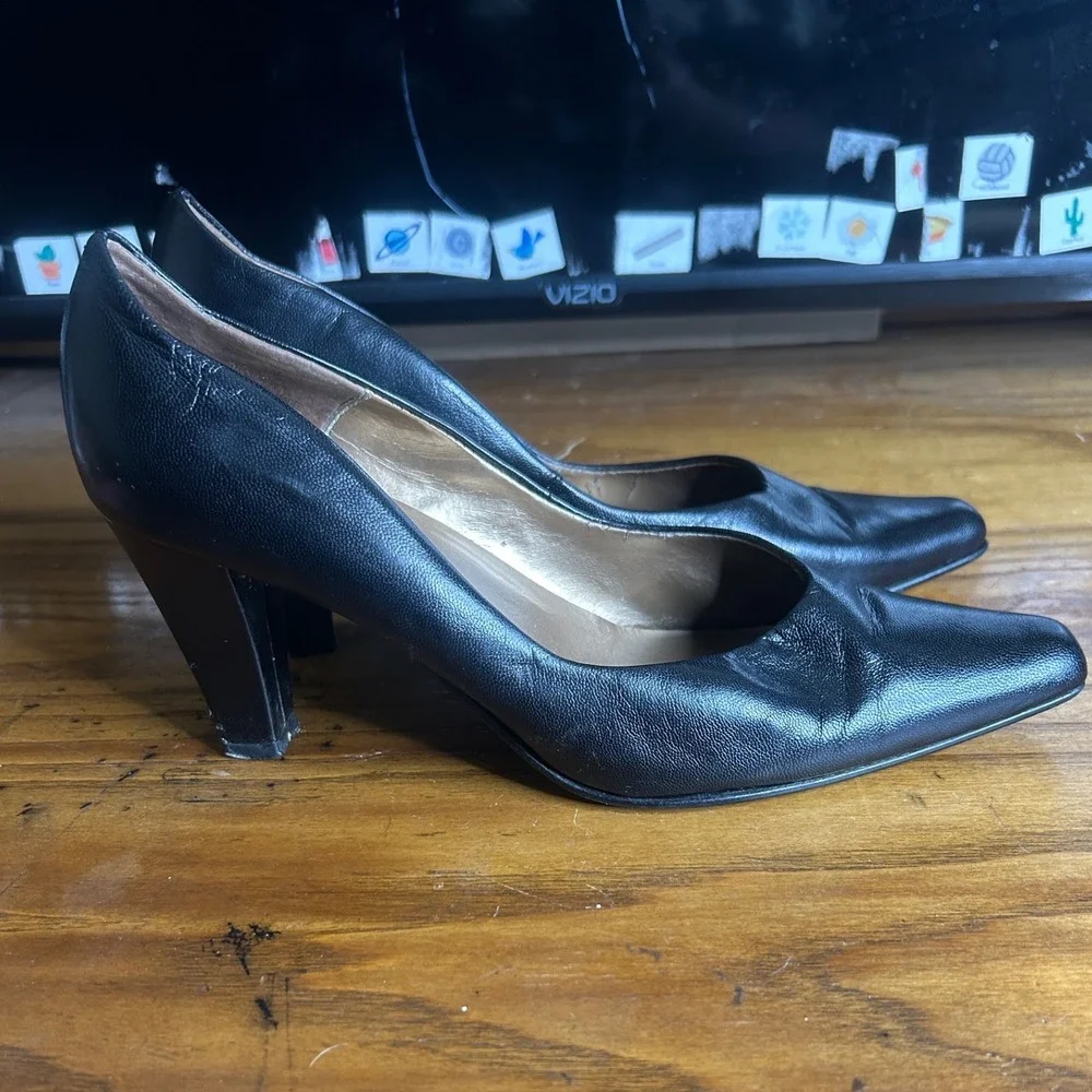 Bellini Rosa vintage Pumps Women 8M Black Leather Pointed Toe Block herl‎